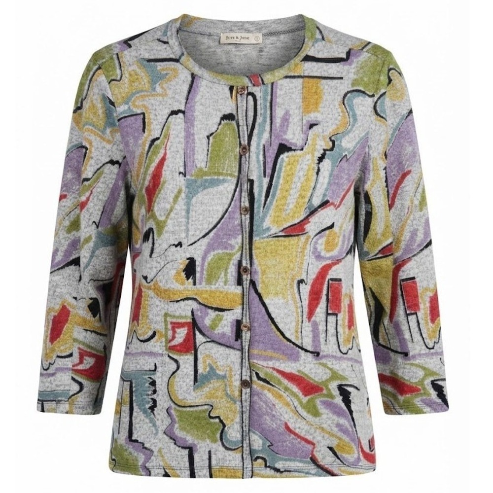 Jess & Jane Catalina Abstract Art Button Front Top Gray Multi Large Cardigan- CJ